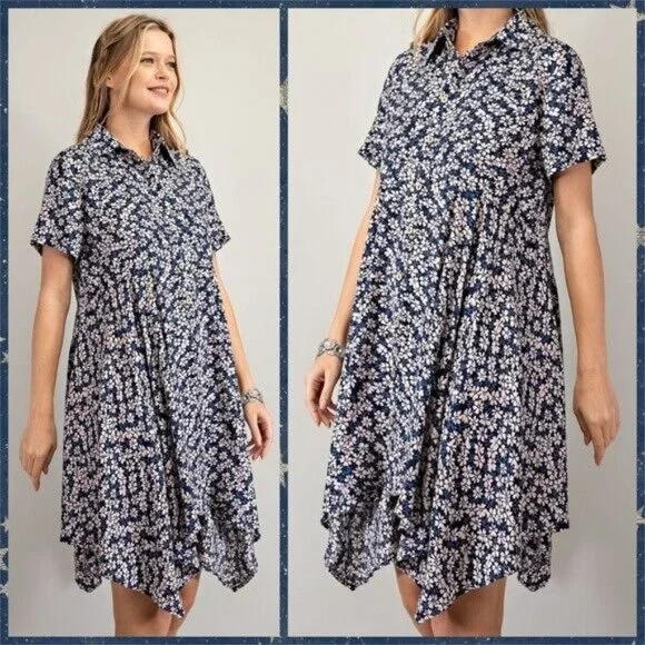 EASEL Lightweight Short Sleeved Collared Button Front Shark Bite Hem Shirt Dress - Picture 2 of 14